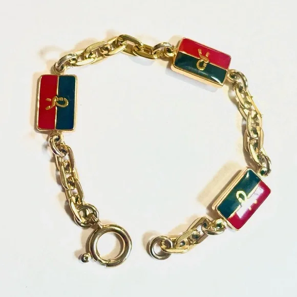 Roberta di Camerino Italy Gold Chain Bracelet with Red and Green Enamel Plaques - Picture 1 of 2